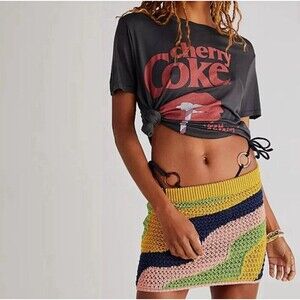 Free People Crochet Mini Skirt XL Colorful Boho Festival Wavy Knit